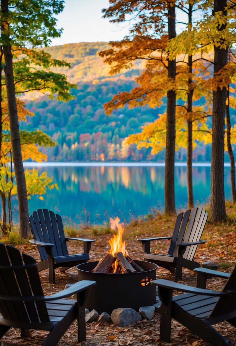 A cozy cabin nestled in a forest clearing, with a crackling fire pit and a view of a serene lake surrounded by autumn foliage