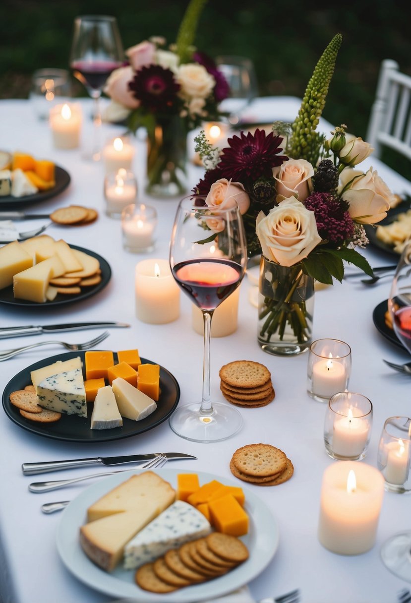 A table set with assorted cheeses, crackers, and glasses of wine, adorned with flowers and candles, awaits a romantic 37th wedding anniversary celebration