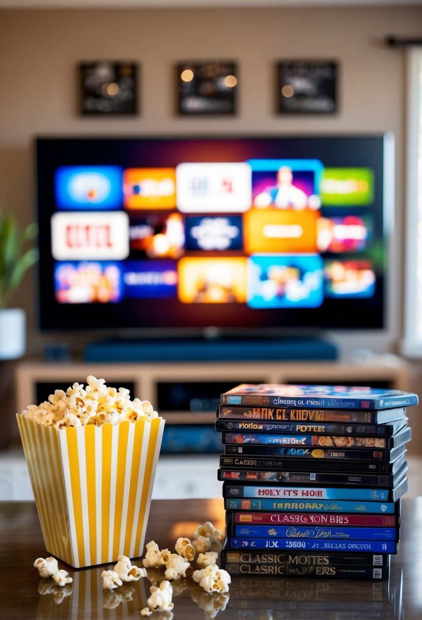 A cozy living room with a big screen TV, popcorn, and a stack of classic movie DVDs