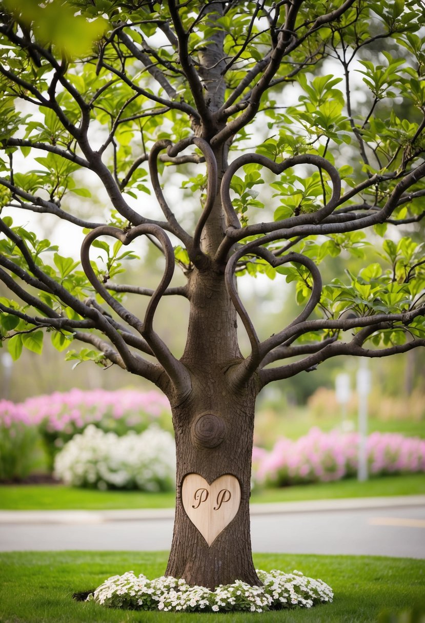 A flourishing tree with heart-shaped leaves and intertwined branches, surrounded by blooming flowers and a couple's initials carved into the trunk