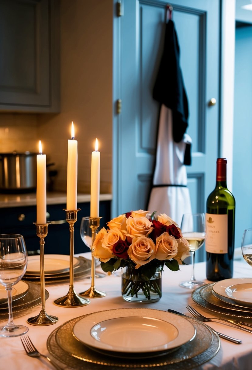 A candlelit table set with fine china, a bouquet of roses, and a bottle of wine. A chef's hat and apron hang on the kitchen door