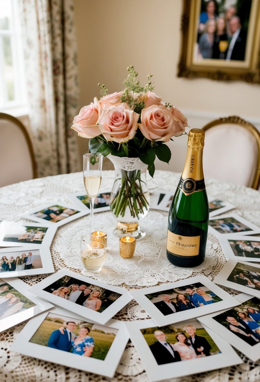 A table set with a lace tablecloth, a vase of roses, and a bottle of champagne surrounded by photos and mementos from the past 37 years