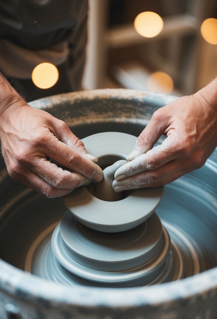 A pottery wheel spinning as two sets of hands shape clay