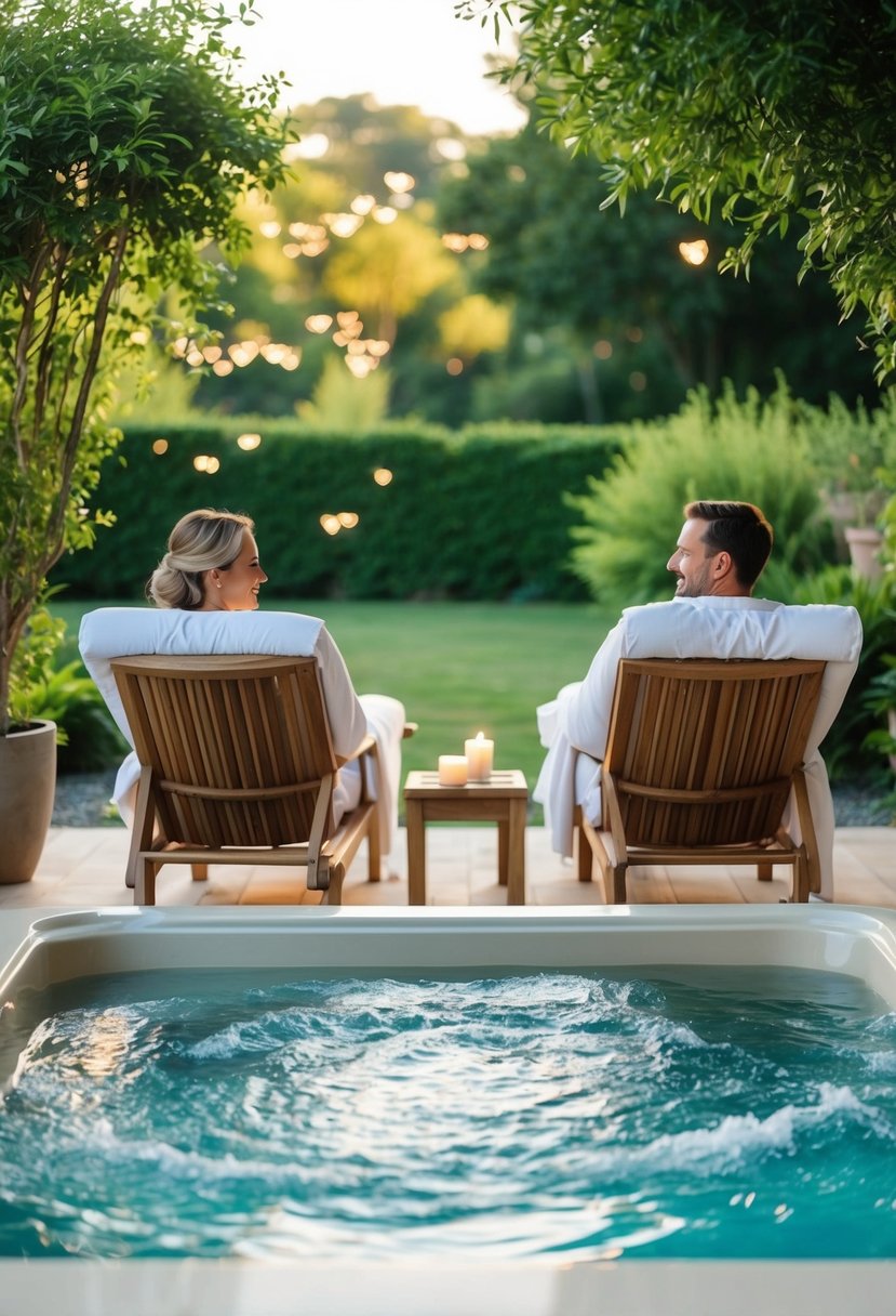 A serene spa scene with two lounging chairs, a bubbling hot tub, and lush greenery. Gentle music plays in the background as the couple relax and enjoy their 32nd anniversary together