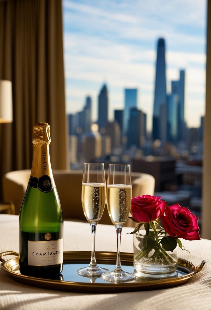 A cozy hotel room with champagne, roses, and a view of the city skyline