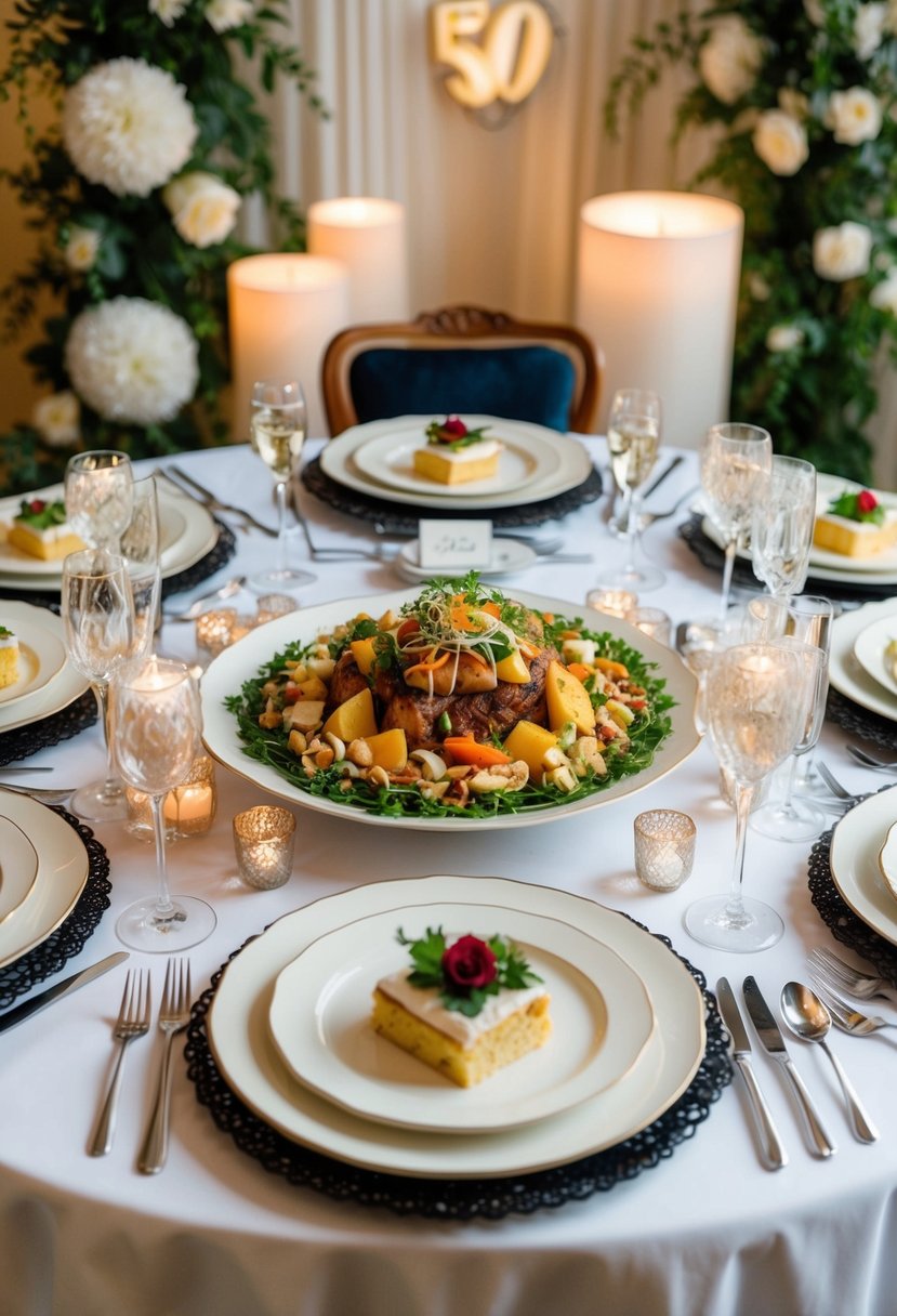 A beautifully set dining table with elegant place settings and a sumptuous meal prepared by a private chef, surrounded by romantic decorations for a 50th wedding anniversary celebration