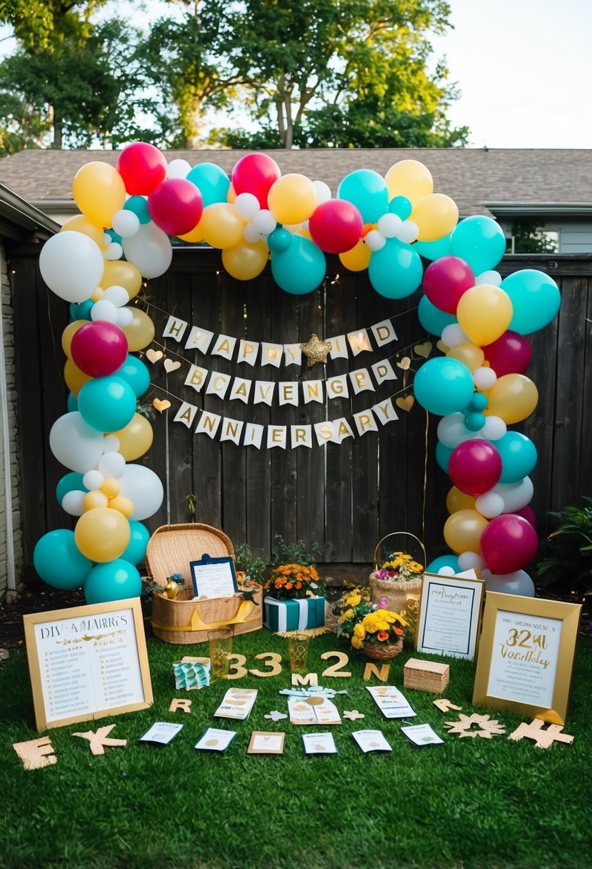 A backyard filled with hidden clues, balloons, and handmade decorations for a DIY scavenger hunt celebrating a 32nd wedding anniversary