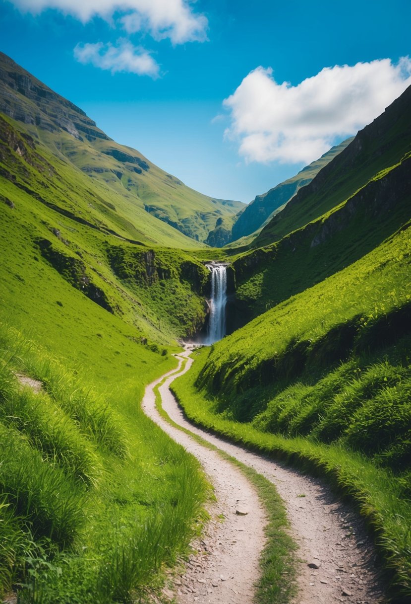 A winding trail through lush, green mountains, with a cascading waterfall in the distance and a clear blue sky overhead