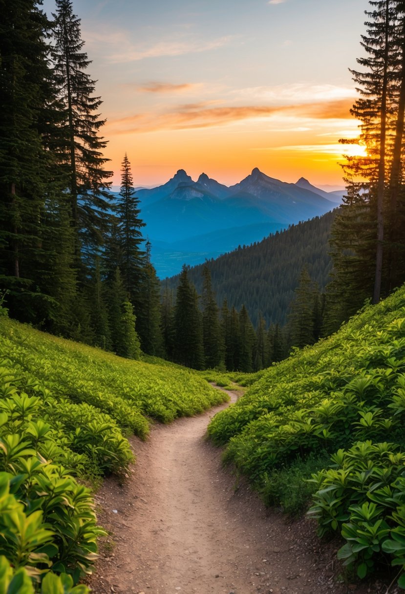 A winding trail through lush forest, leading to a breathtaking mountain vista at sunset