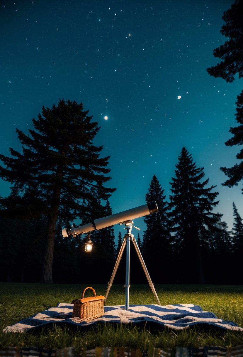 A cozy picnic blanket under a clear night sky, surrounded by tall trees and a telescope pointed towards the stars