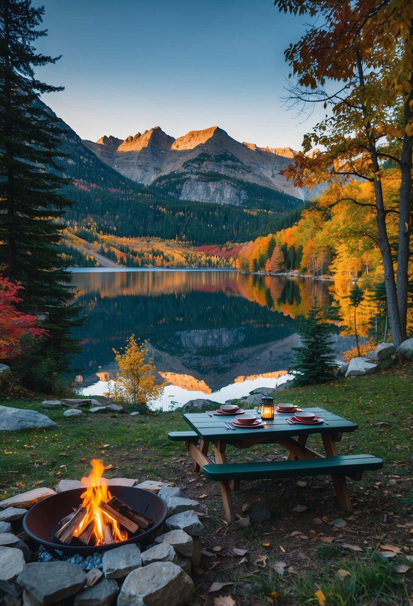 A cozy cabin nestled in the mountains, surrounded by colorful autumn foliage and a serene lake, with a crackling fire pit and a picnic table set for two