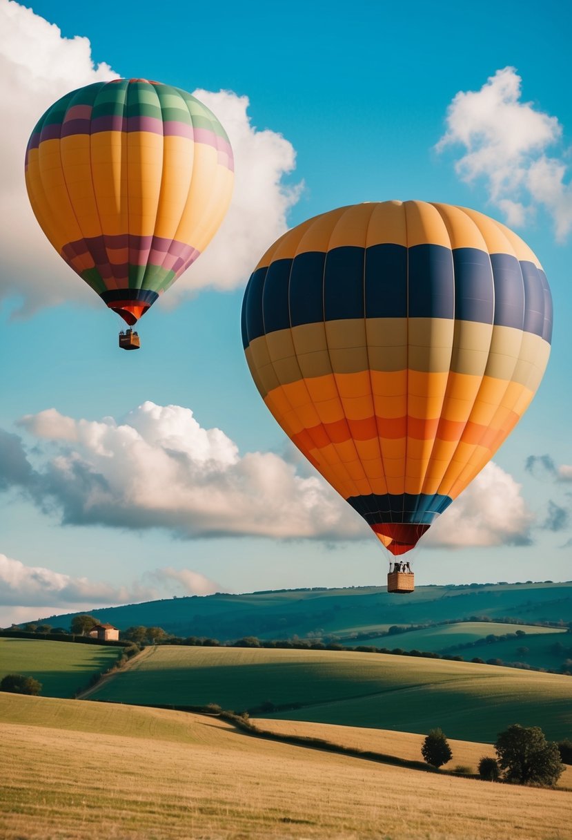 A colorful hot air balloon floats above rolling hills and a serene countryside, with a clear blue sky and fluffy white clouds in the background