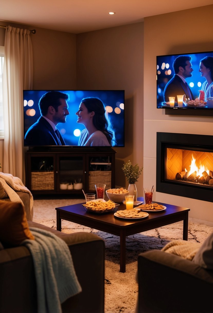 A warm living room with a glowing fireplace, soft blankets, and a big screen TV showing a romantic movie. A table is set with snacks and drinks for a cozy movie night at home