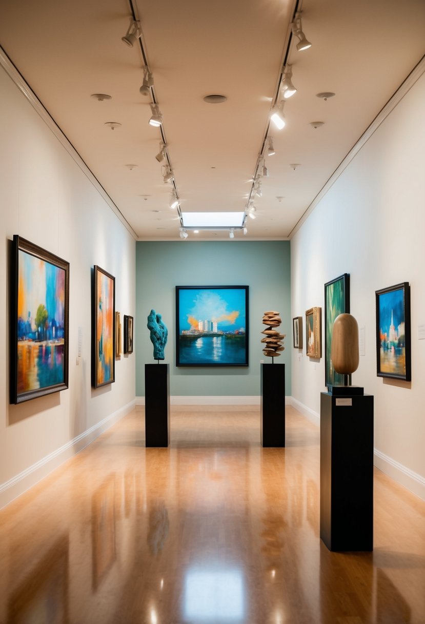 A serene art gallery with colorful paintings and sculptures, soft lighting, and polished floors