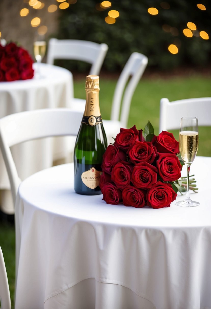 A table set with a white tablecloth, adorned with a bouquet of red roses and a bottle of champagne, surrounded by two chairs