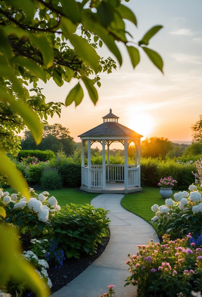 A serene garden with a gazebo, surrounded by blooming flowers and lush greenery. A gentle breeze rustles the leaves as the sun sets in the distance