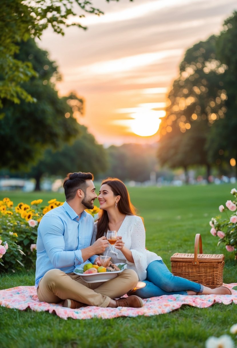 A couple enjoying a romantic picnic in a park, surrounded by blooming flowers and a beautiful sunset