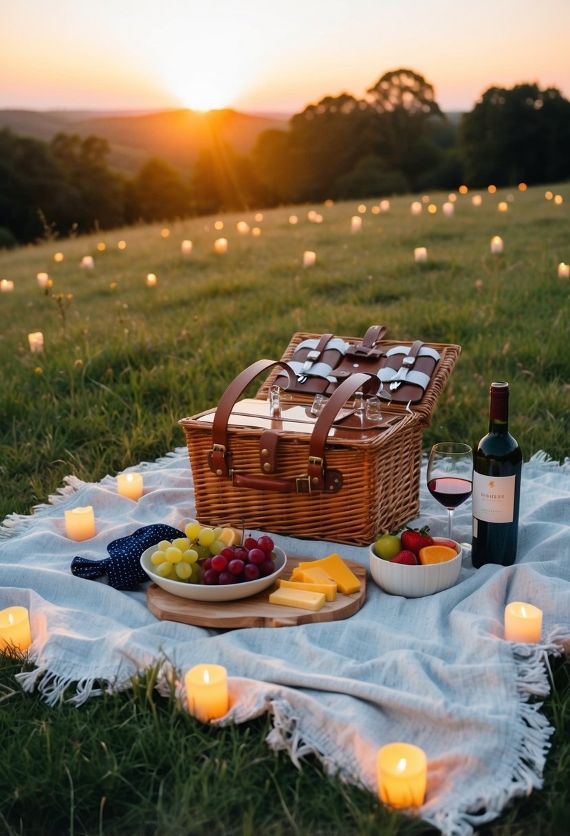 A cozy picnic blanket spread out on a grassy hill, surrounded by a scattering of candles and a picnic basket filled with wine, cheese, and fresh fruit. The sun sets in the background, casting a warm glow over the scene