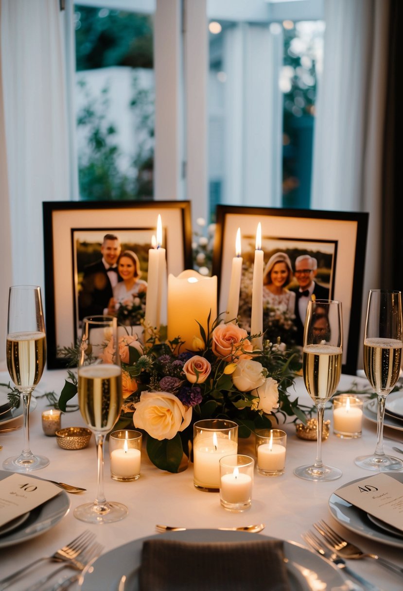 A romantic dinner table with candles, flowers, and champagne, surrounded by framed photos of the couple's 40 years together