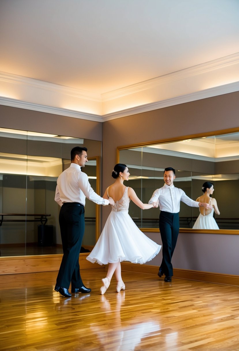 A cozy dance studio with a polished wood floor, soft lighting, and a mirrored wall. A couple gracefully glides across the floor, guided by their instructor