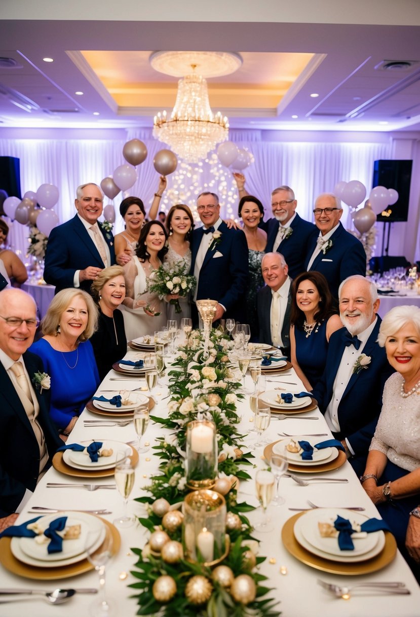 A beautifully set dining table with elegant decorations and a themed centerpiece, surrounded by happy guests celebrating a 53rd wedding anniversary