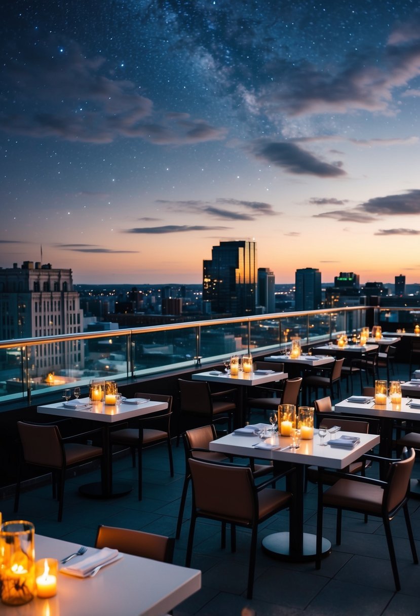 A rooftop restaurant with candlelit tables, city lights below, and a starry sky above