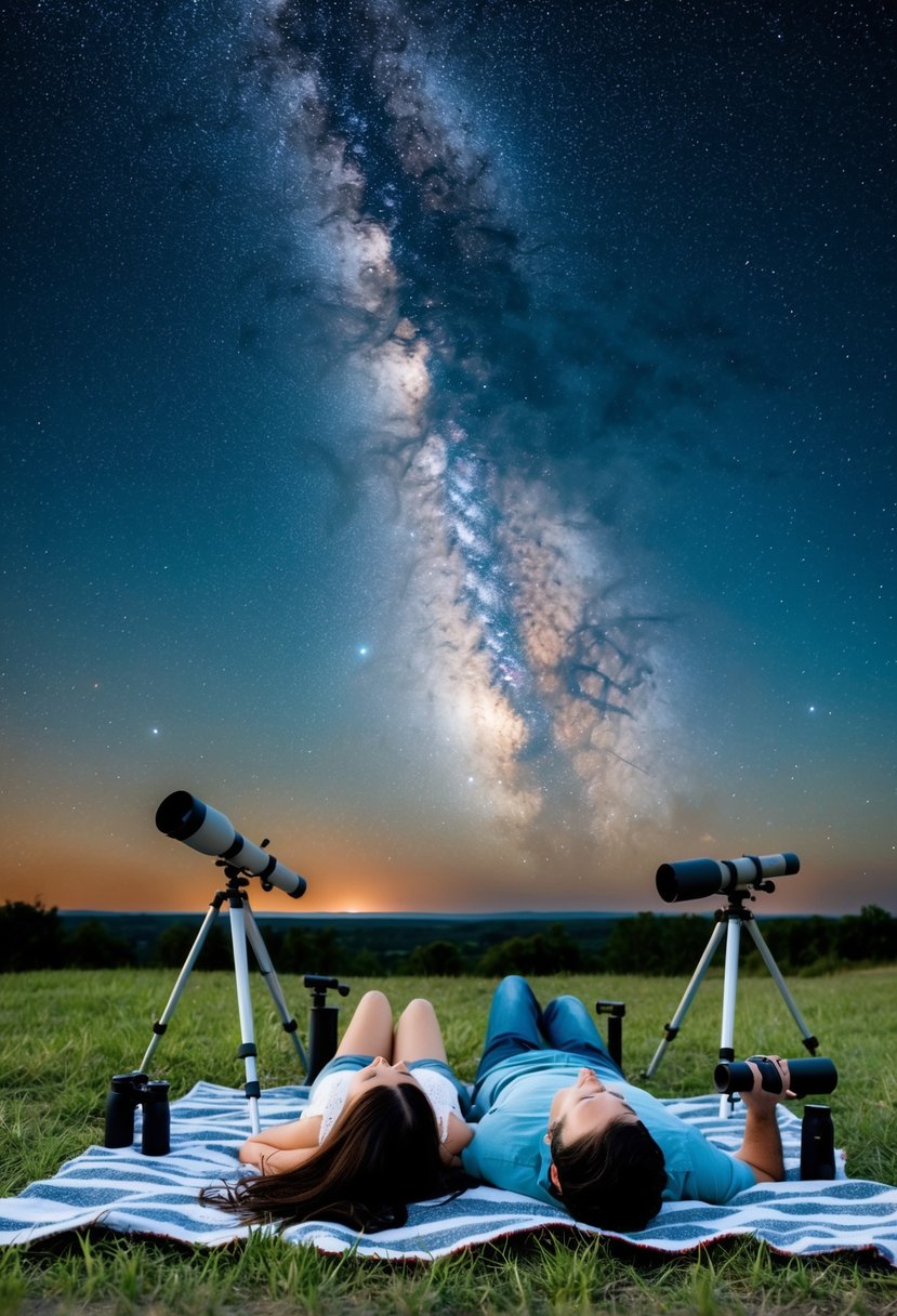 A couple lies on a blanket under a starry sky, surrounded by telescopes and binoculars. The Milky Way stretches across the horizon