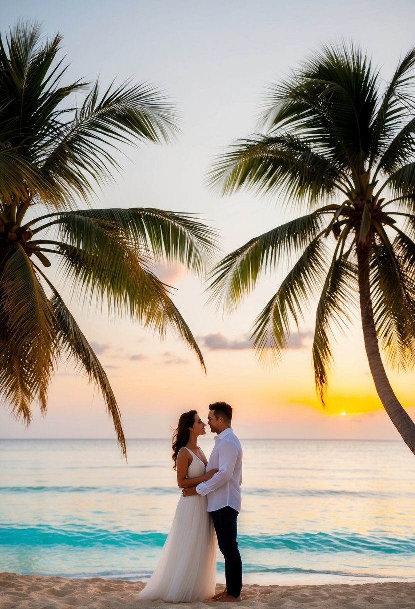 A couple's favorite destination: a tropical beach with palm trees, crystal-clear water, and a sunset