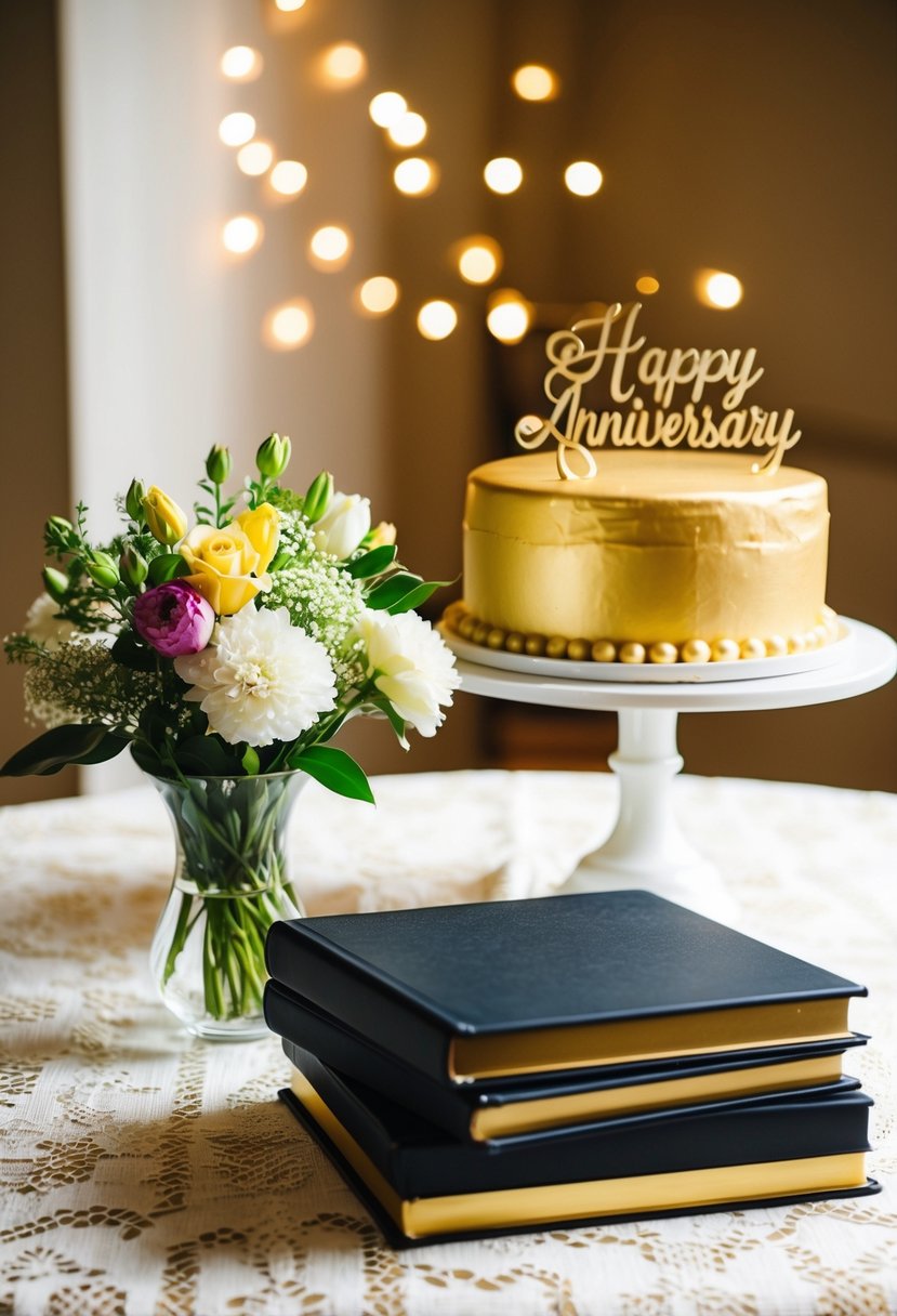 A table set with a lace tablecloth, a vase of fresh flowers, and a stack of photo albums, with a golden anniversary cake in the background