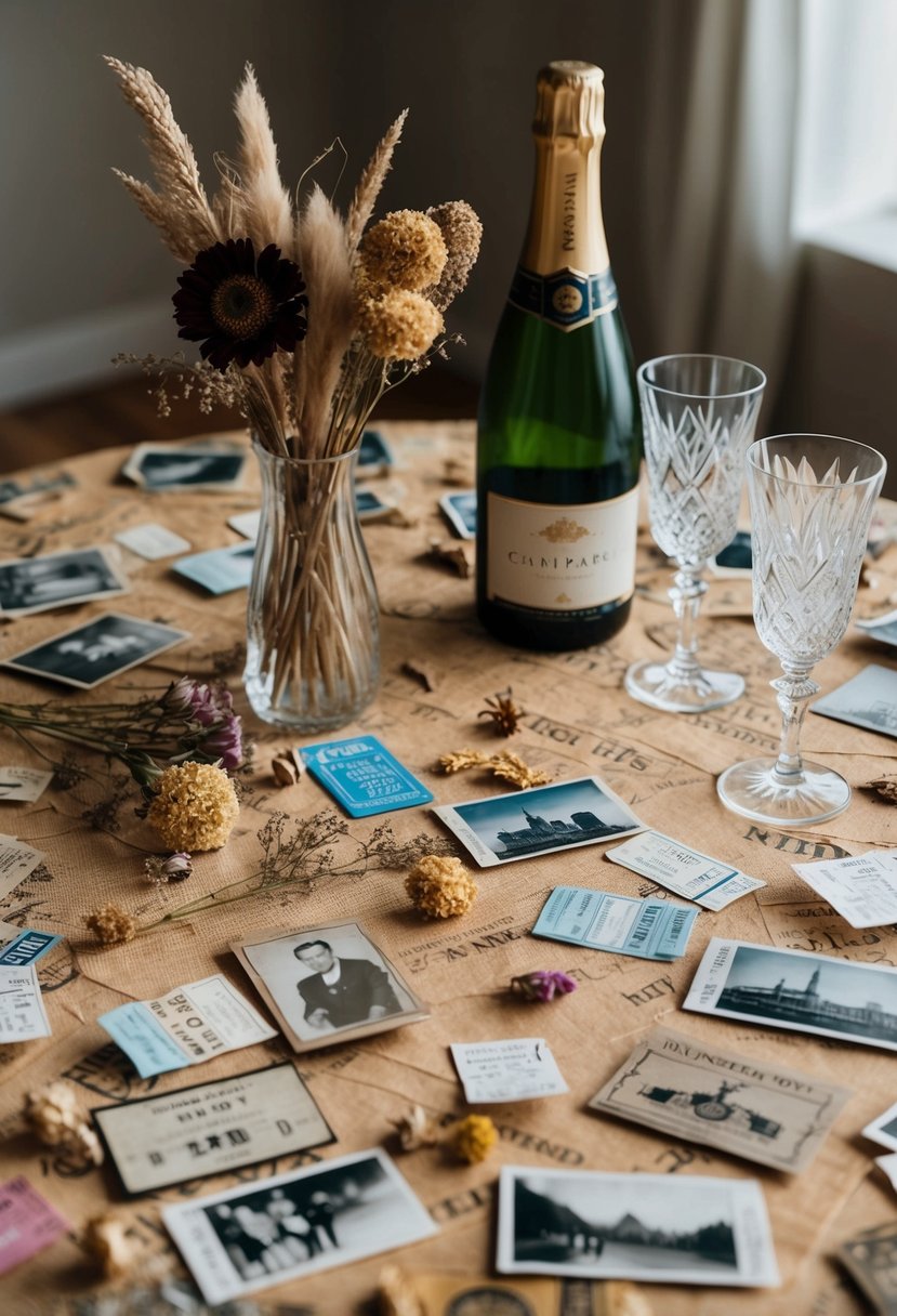 A table covered in old photos, dried flowers, and ticket stubs. A champagne bottle and two crystal glasses sit nearby