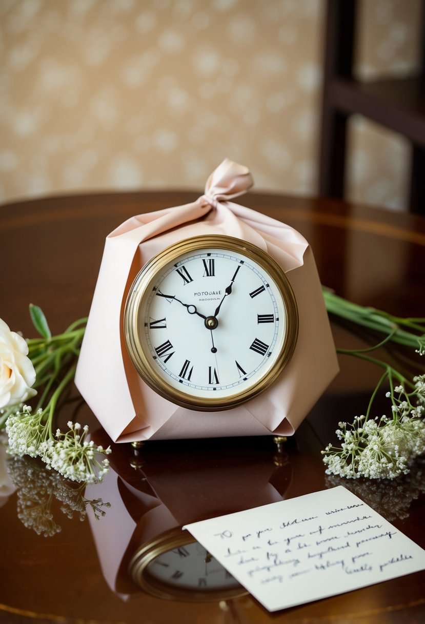 A traditional clock wrapped in elegant paper sits on a polished wooden table, surrounded by delicate flowers and a handwritten note