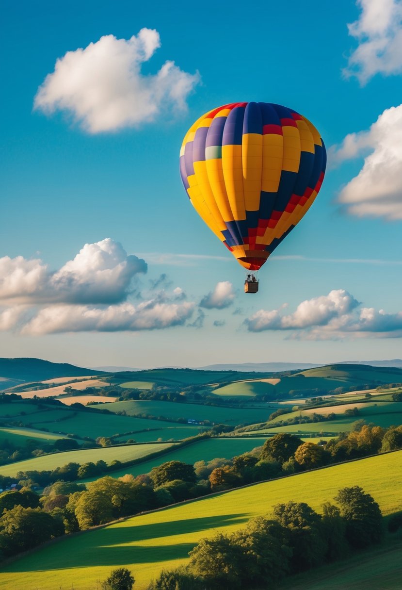 A colorful hot air balloon floats over a serene landscape of rolling hills and lush green fields, with a clear blue sky and fluffy white clouds above