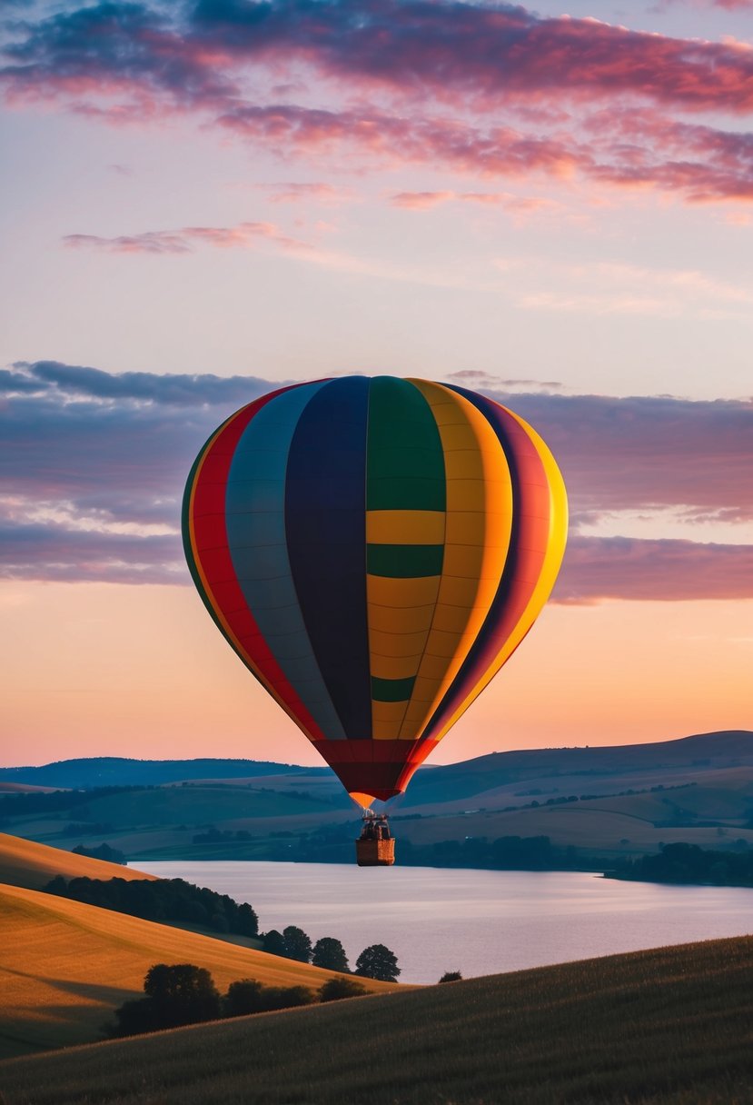 A colorful hot air balloon floats above rolling hills and a serene lake at sunset