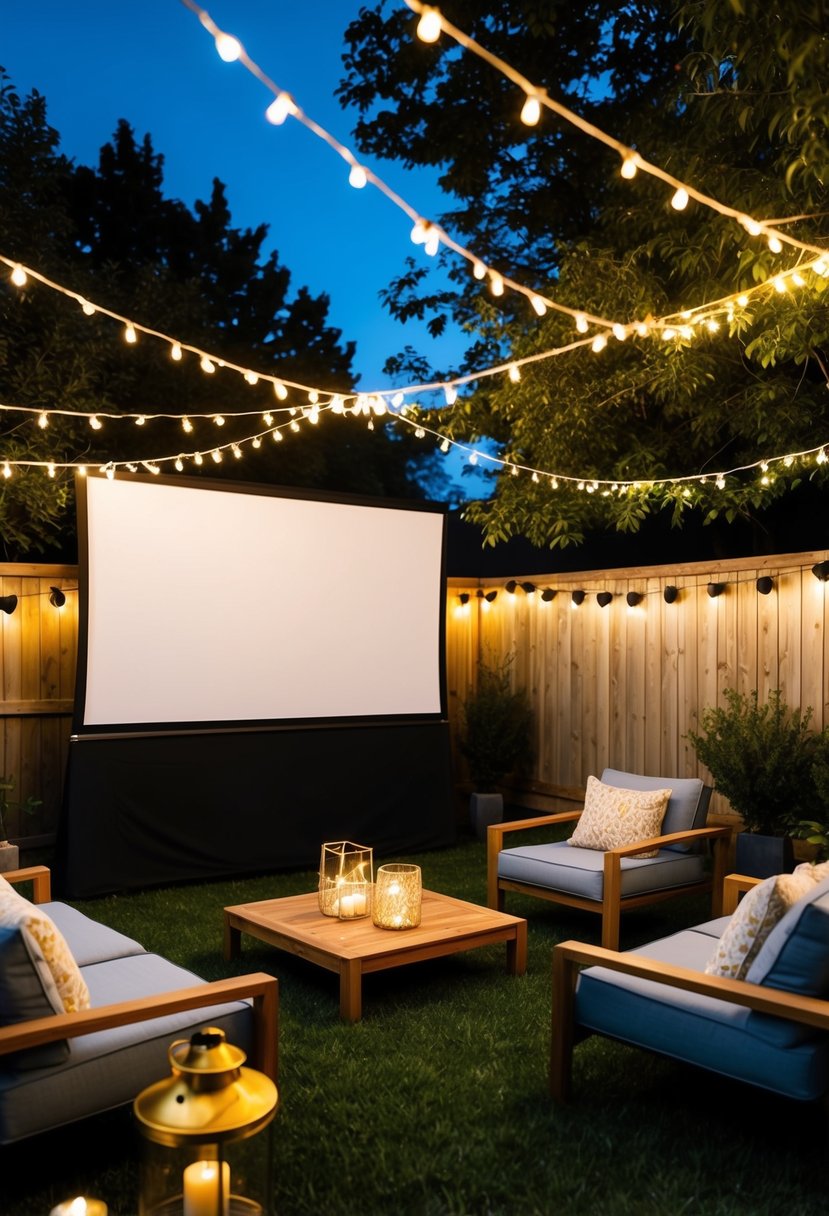 A backyard adorned with twinkling fairy lights, a large screen, and cozy seating for an outdoor movie night to celebrate a 40th wedding anniversary