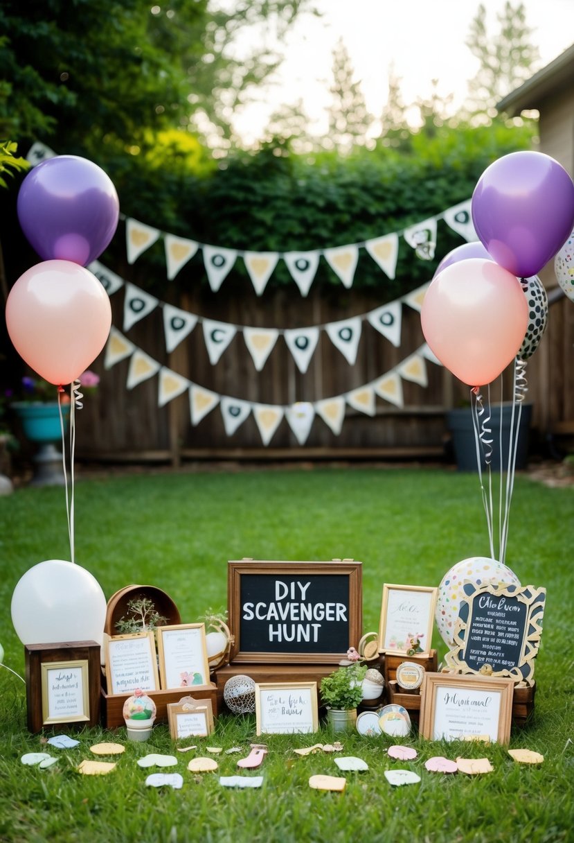 A backyard filled with hidden clues, balloons, and homemade decorations for a DIY scavenger hunt to celebrate a 53rd wedding anniversary