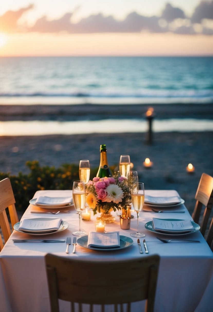 A romantic dinner table set with champagne, flowers, and candles, overlooking a sunset on a beach