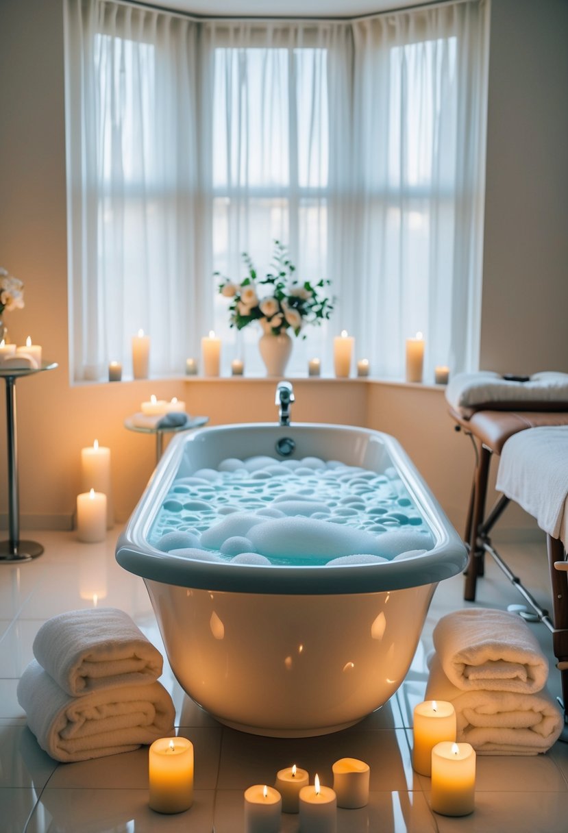 A serene bathroom with a large bathtub filled with bubbles, surrounded by candles and soft towels. A massage table is set up with soothing oils and soft music playing in the background