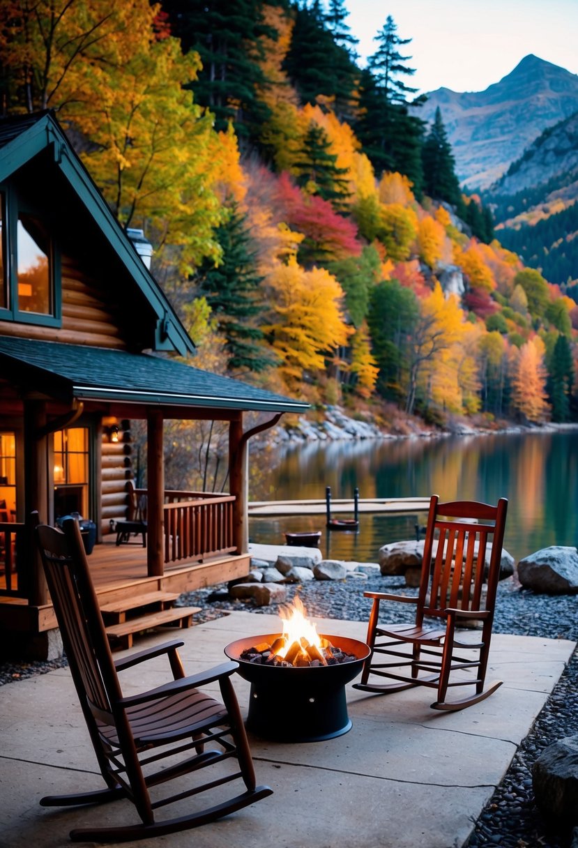 A cozy cabin nestled in the mountains, surrounded by colorful autumn foliage and a serene lake, with a crackling fire pit and two rocking chairs on the porch