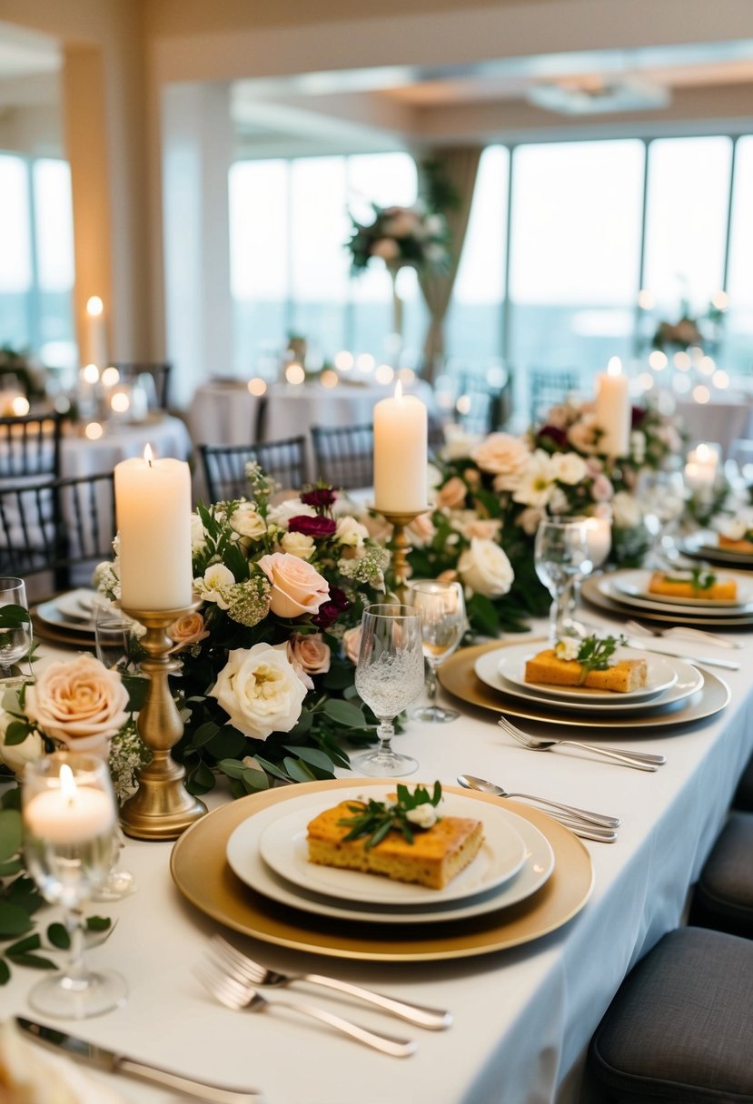 A beautifully set dining table with elegant place settings, adorned with floral centerpieces and candles, showcasing a variety of dishes reminiscent of a wedding day menu