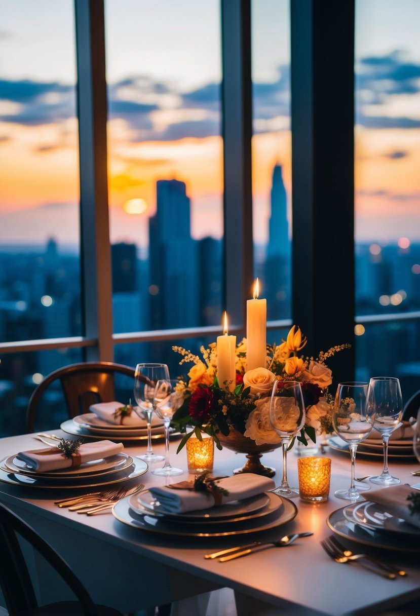 A candlelit table set with fine dinnerware and flowers, overlooking a city skyline at sunset