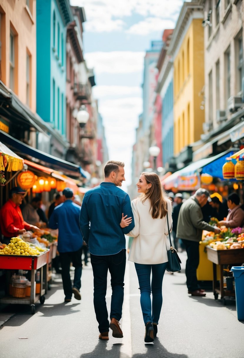 A couple strolling through a bustling city street, surrounded by colorful buildings and lively street vendors