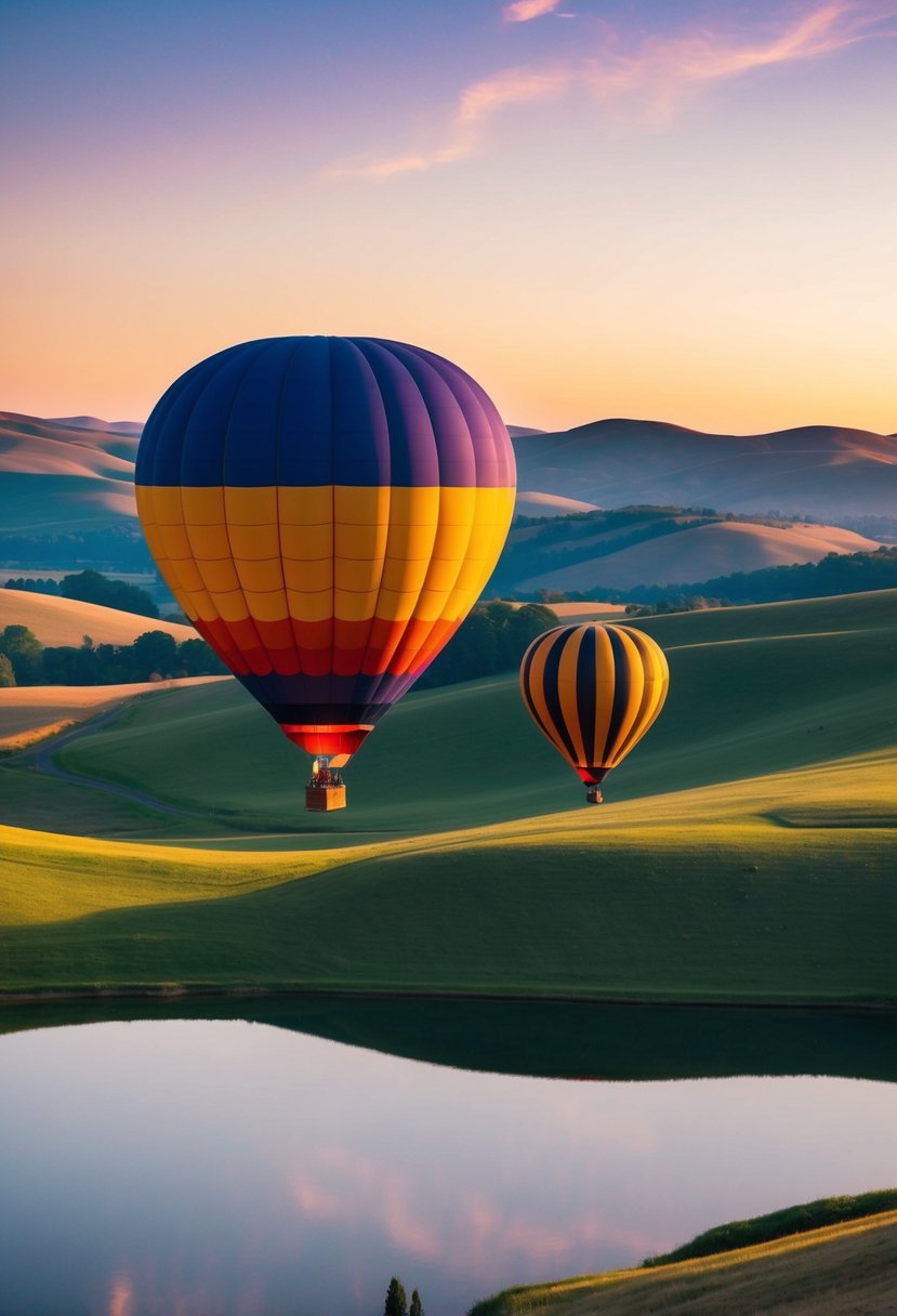 A colorful hot air balloon floats over a serene landscape of rolling hills and a tranquil lake at sunset