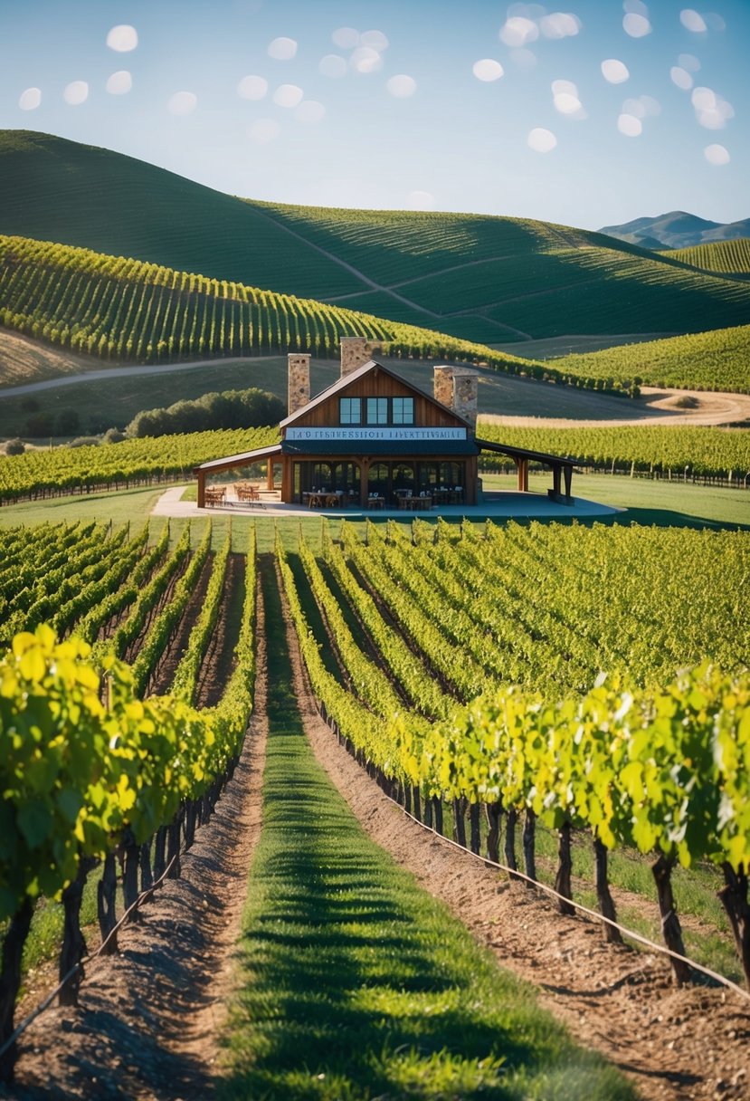 A sunny vineyard with rolling hills, rows of grapevines, and a rustic tasting room