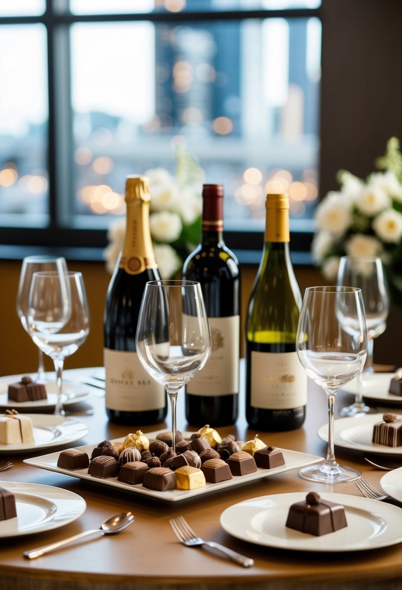 A table set with a variety of chocolates and wine bottles, surrounded by elegant wine glasses and small plates