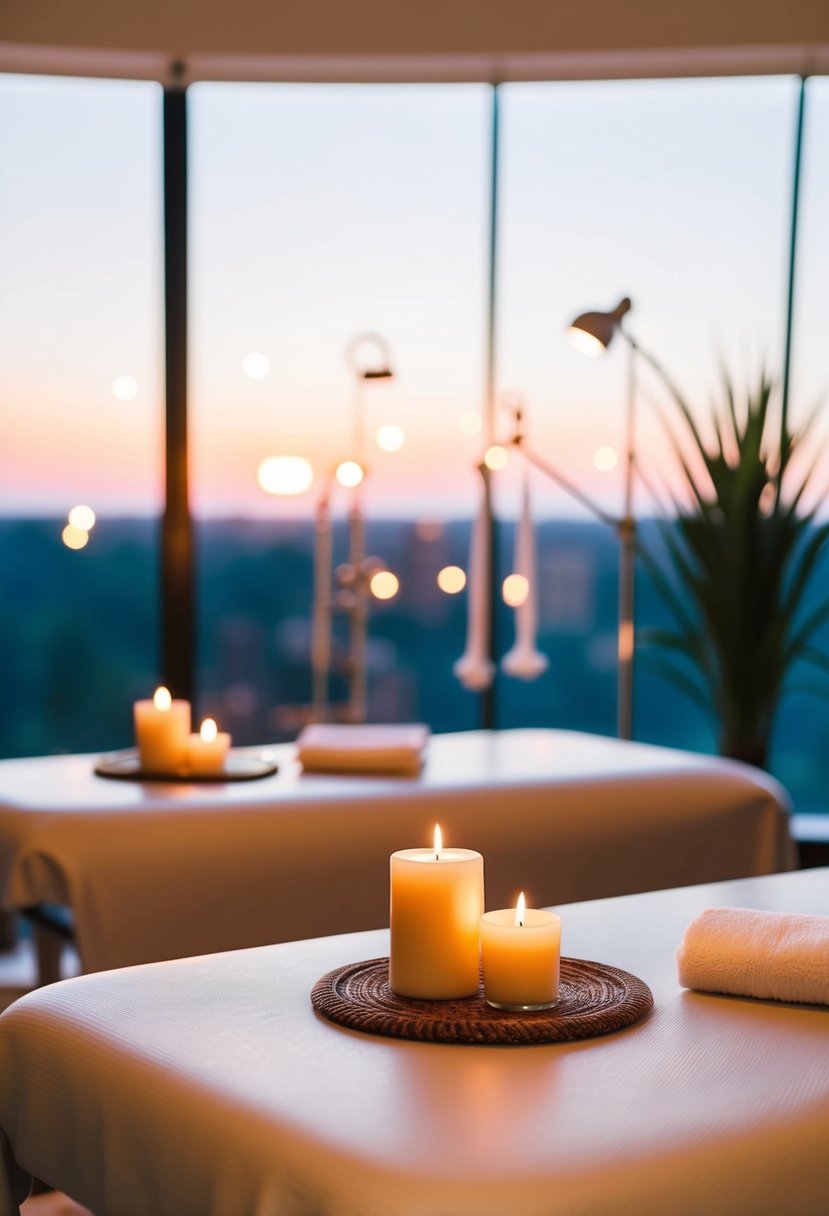 A serene spa setting with two massage tables, soft music, and candles