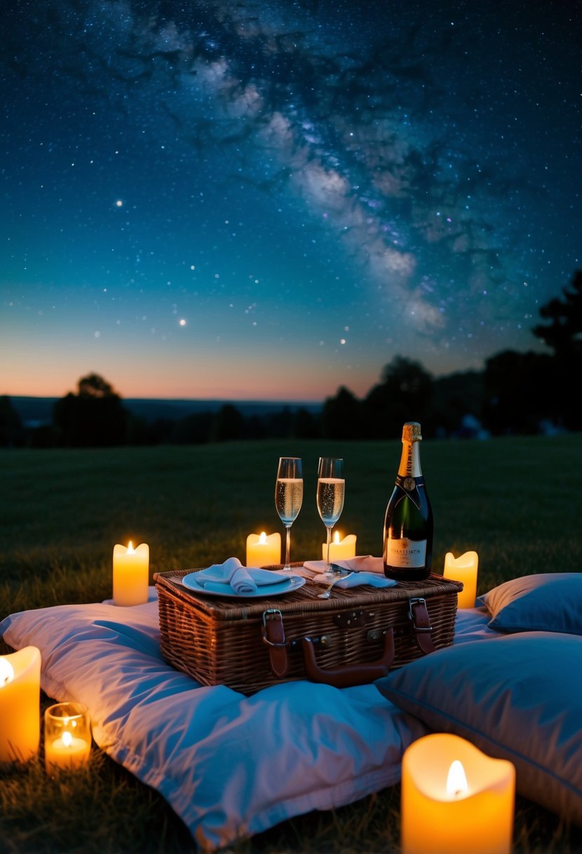 A cozy picnic under the starry night sky with a table set for two, surrounded by candles and a bottle of champagne on ice