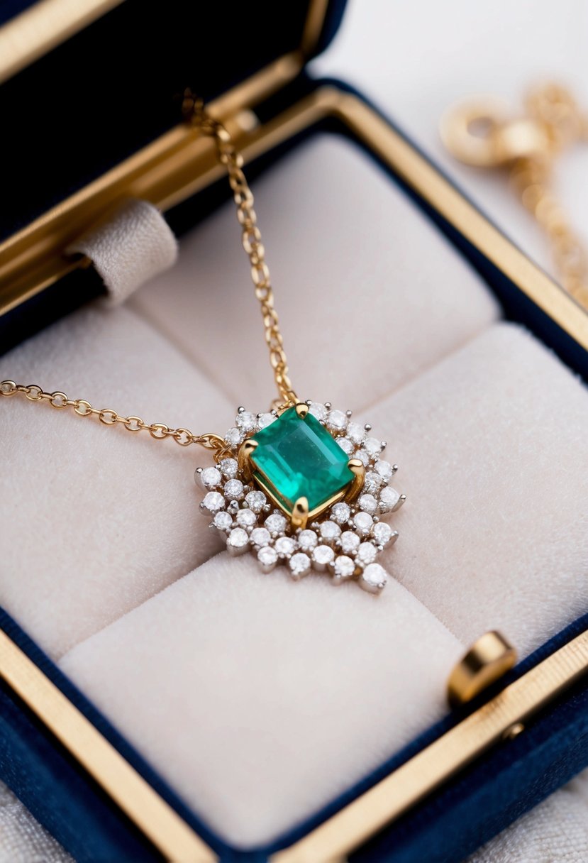 A delicate gold necklace with a small emerald pendant, nestled among a scattering of tiny diamonds, sits on a velvet jewelry box