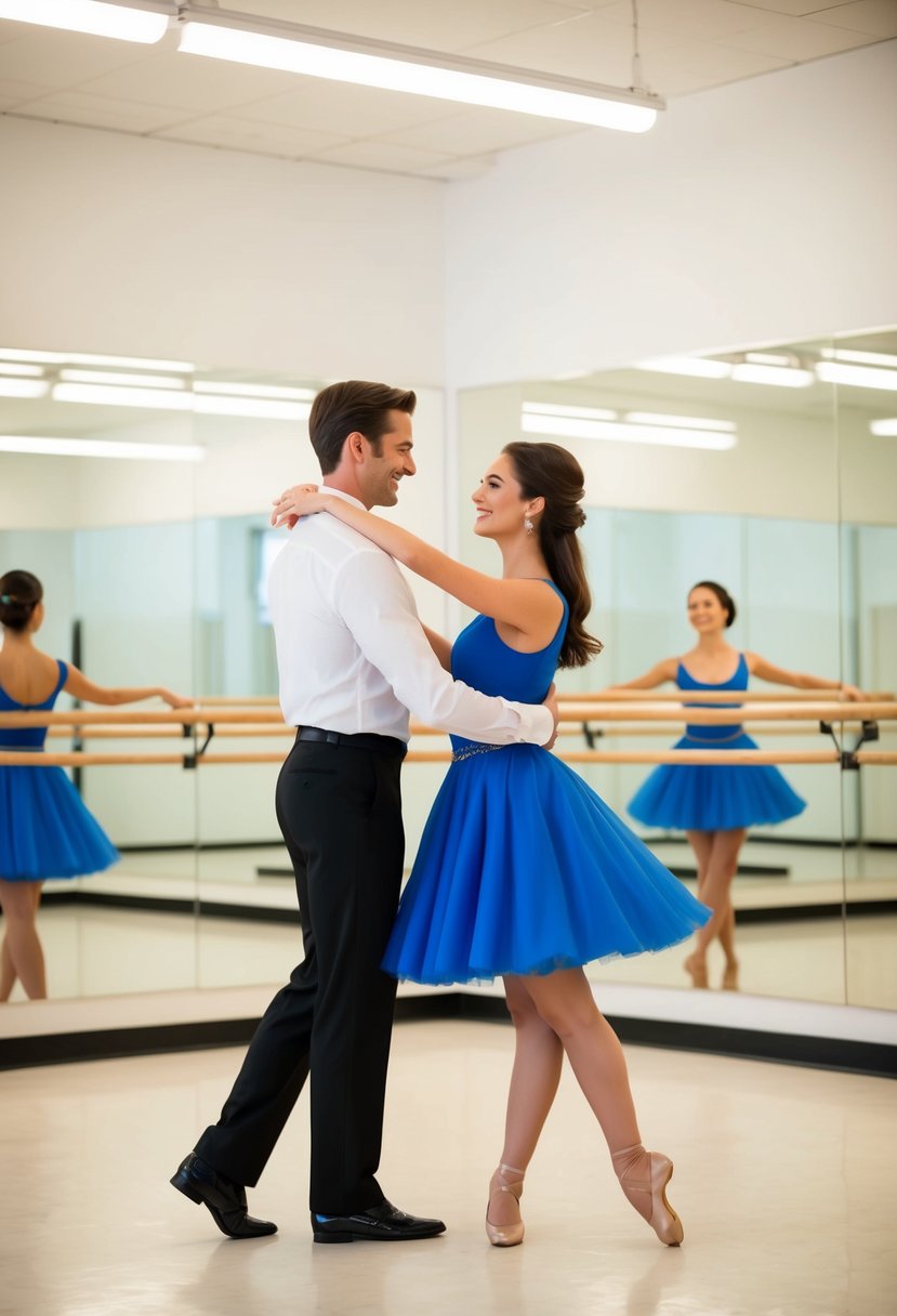 A couple gracefully waltzing in a bright, spacious dance studio, surrounded by mirrors and ballet barres