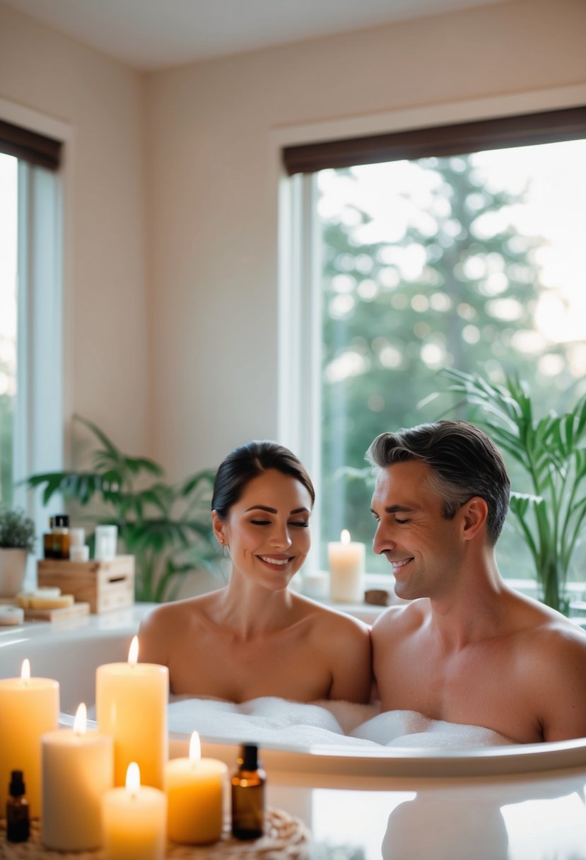 A serene spa day at home with candles, essential oils, and a luxurious bubble bath for a couple celebrating their 53rd wedding anniversary