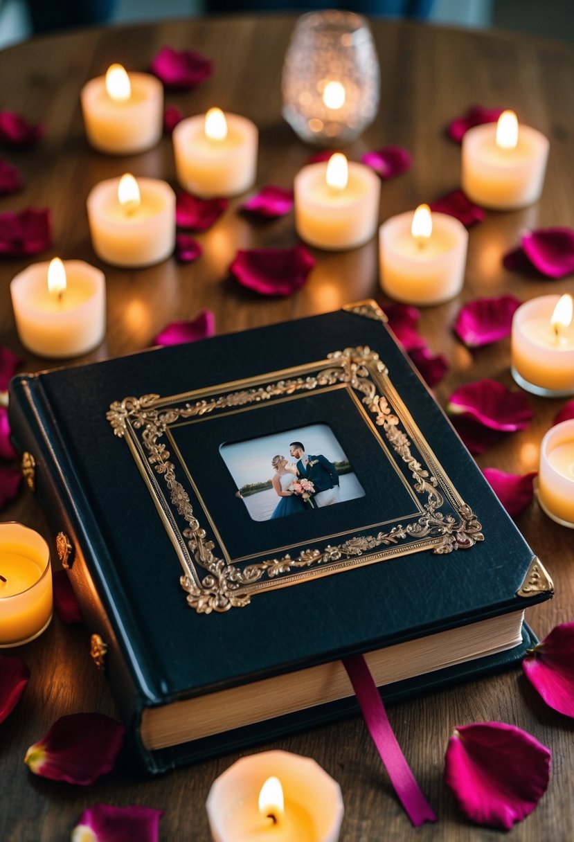 A table adorned with a vintage photo album, surrounded by scattered rose petals and flickering candles, symbolizing 35 years of love and memories